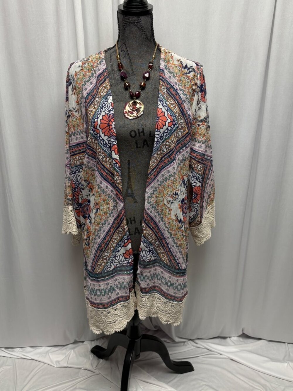 Rewind Floral Patchwork Open Front Kimono Cover Up Womens Sz XXL Lace Trim Boho